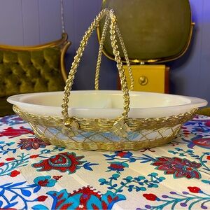 Vintage Glasbake Divided Bowl with Pink Metal Wire Flower Basket Carrier